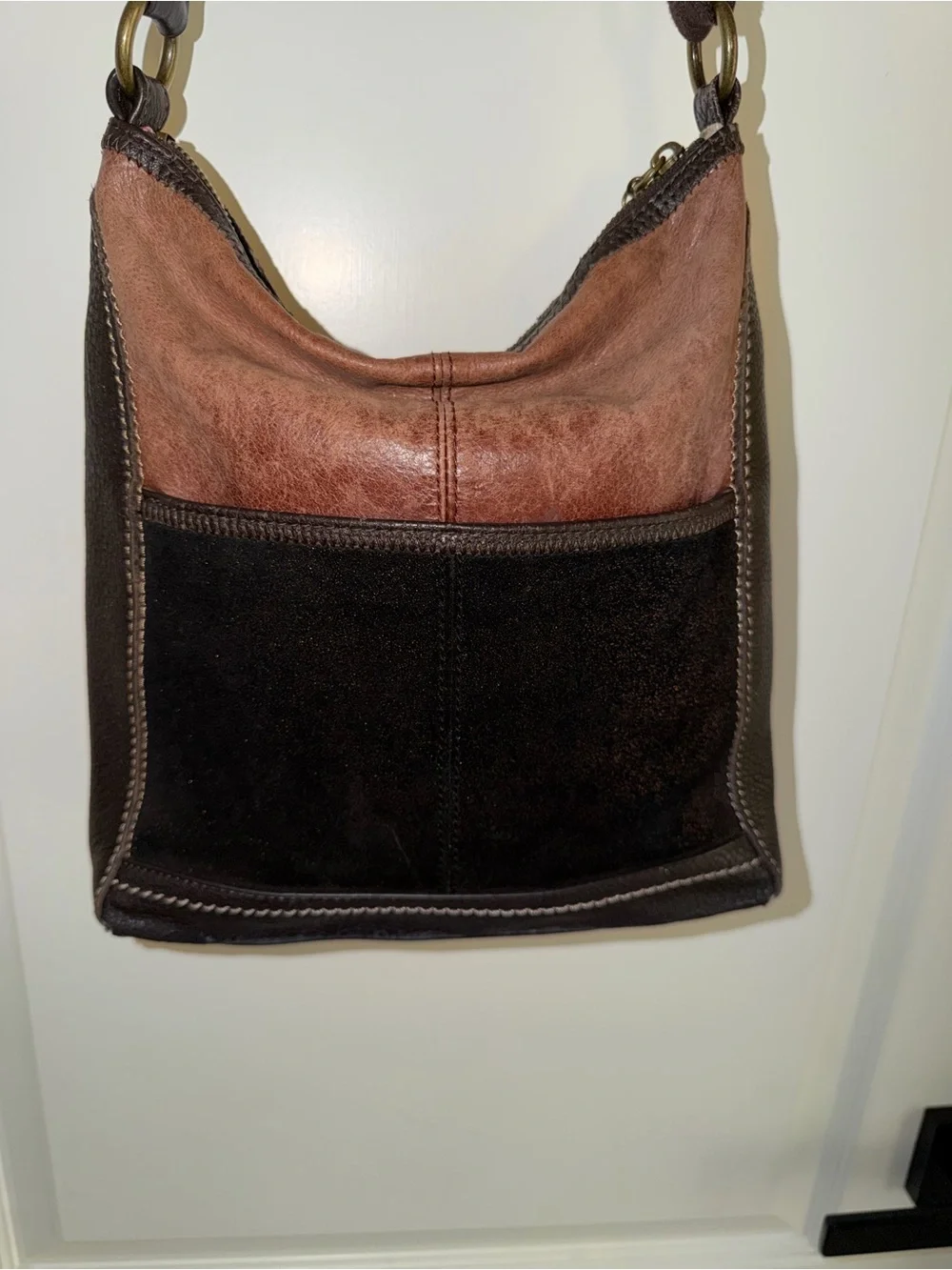 The Sak Colorblock Leather Suede Hobo Crossbody Bag Brown Black Boho Bag